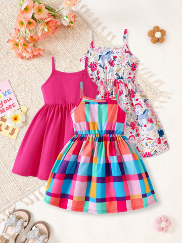 3pcs Young Girls Cute & Sweet Fresh Strappy Elastic Waist Spaghetti Strap Dresses