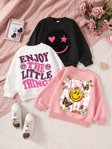 3pcs Young Girls Minimalist Letter & Graphic Thick Thermal Lined Long Sleeve Hoodies, Suitable For Autumn/Winter