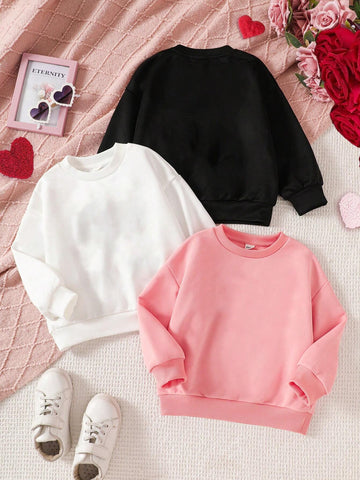 3pcs Young Girls Minimalist Letter & Graphic Thick Thermal Lined Long Sleeve Hoodies, Suitable For Autumn/Winter