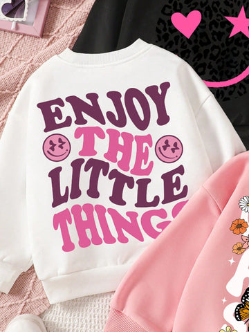 3pcs Young Girls Minimalist Letter & Graphic Thick Thermal Lined Long Sleeve Hoodies, Suitable For Autumn/Winter