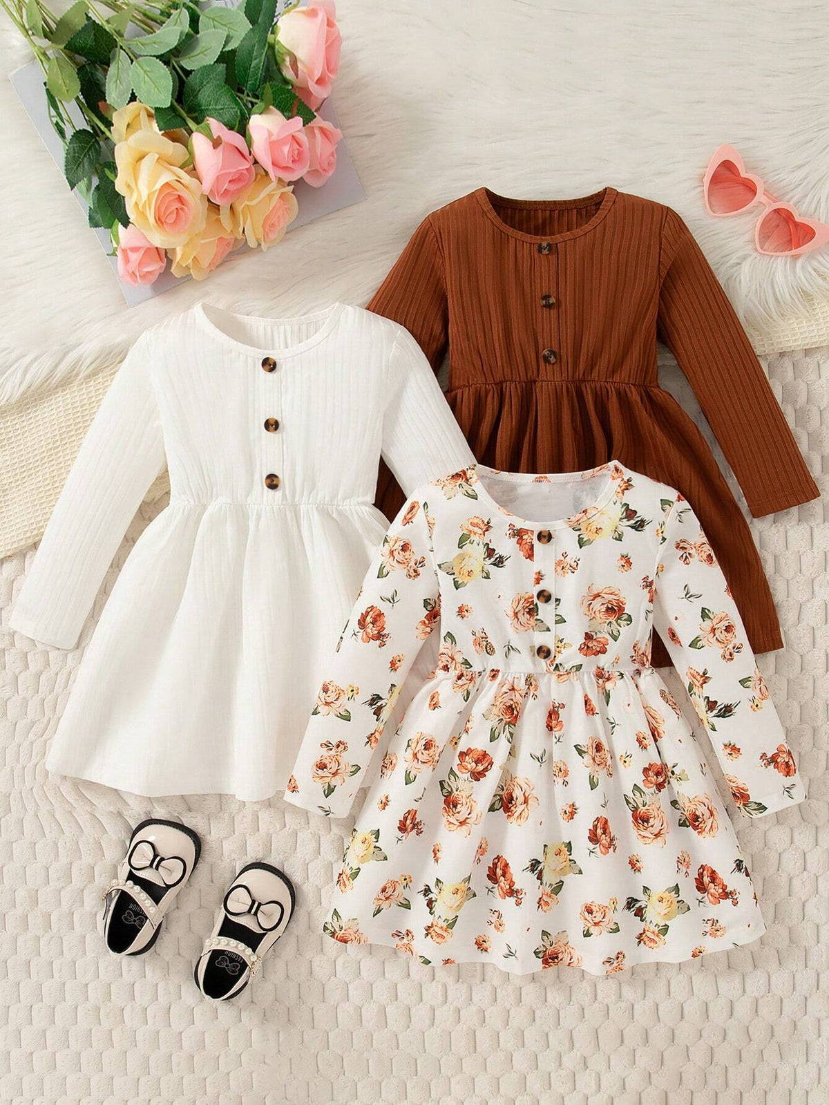 3pcs Young Girls Trendy Floral Print Long Sleeve Button Front Casual Dress Set