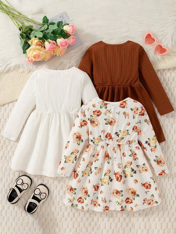 3pcs Young Girls Trendy Floral Print Long Sleeve Button Front Casual Dress Set