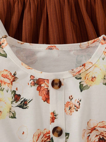 3pcs Young Girls Trendy Floral Print Long Sleeve Button Front Casual Dress Set