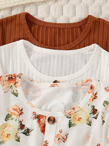 3pcs Young Girls Trendy Floral Print Long Sleeve Button Front Casual Dress Set