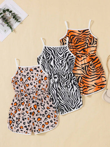 3pcsset Girls Fashion LeopardZebraStripe Print Jumpsuit Shorts Set For Summer Holiday Party