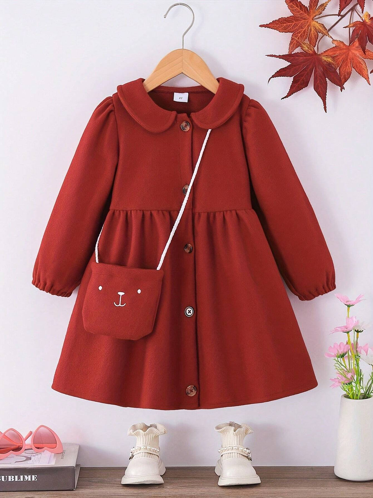 4-7Y Girls Long Sleeve Solid Color Collared Dress + Satchel, Fall/Winter