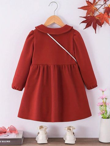 4-7Y Girls Long Sleeve Solid Color Collared Dress + Satchel, Fall/Winter