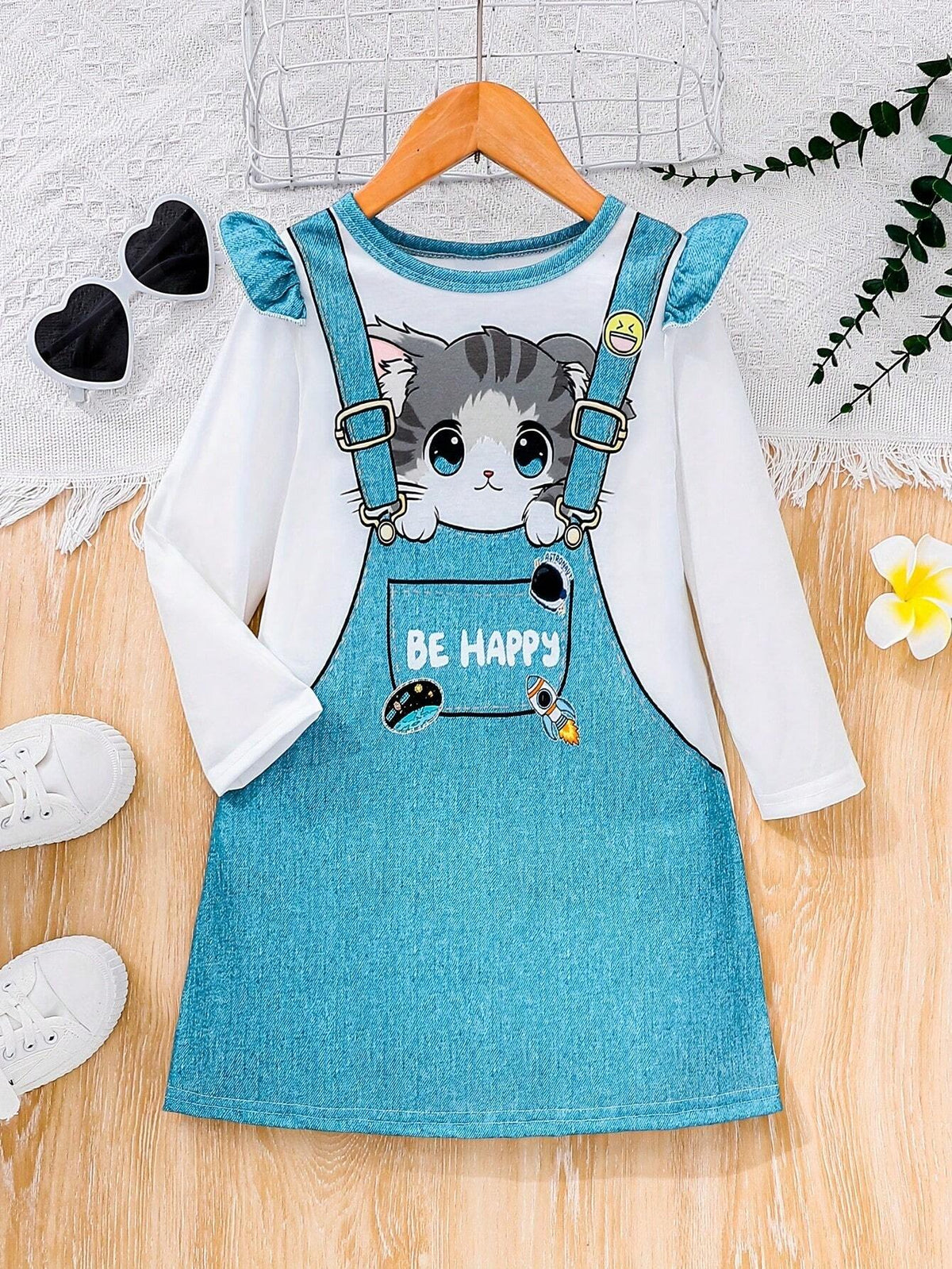 4-7Yrs Girls Cat Letter Print Contrast Color Long Sleeve Dress, Spring Autumn