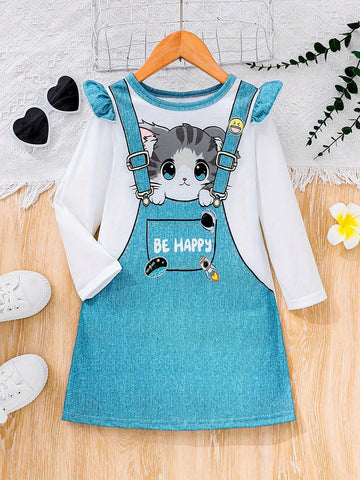 4-7Yrs Girls Cat Letter Print Contrast Color Long Sleeve Dress, Spring Autumn