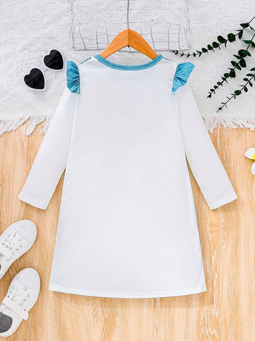 4-7Yrs Girls Cat Letter Print Contrast Color Long Sleeve Dress, Spring Autumn