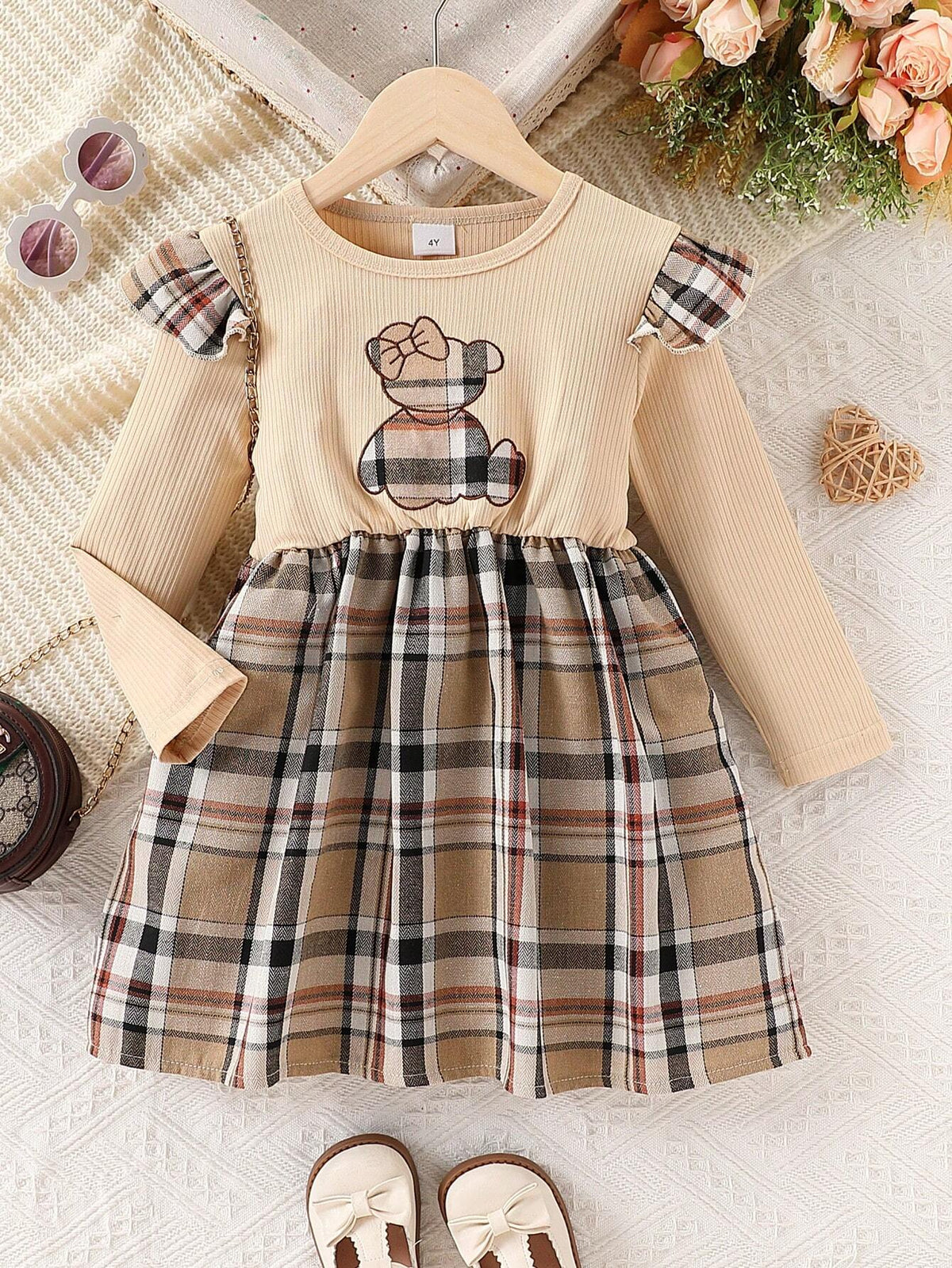 4-7Yrs Girls Long Sleeve Mini Dress, Ruffle Trim, Applique Bear & Plaid Patchwork, Cute Outfit For Little Girls In Spring/Autumn