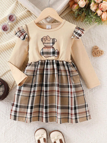 4-7Yrs Girls Long Sleeve Mini Dress, Ruffle Trim, Applique Bear & Plaid Patchwork, Cute Outfit For Little Girls In Spring/Autumn