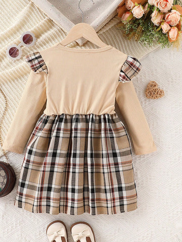 4-7Yrs Girls Long Sleeve Mini Dress, Ruffle Trim, Applique Bear & Plaid Patchwork, Cute Outfit For Little Girls In Spring/Autumn