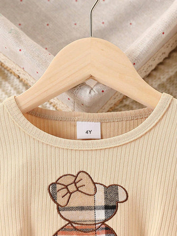 4-7Yrs Girls Long Sleeve Mini Dress, Ruffle Trim, Applique Bear & Plaid Patchwork, Cute Outfit For Little Girls In Spring/Autumn