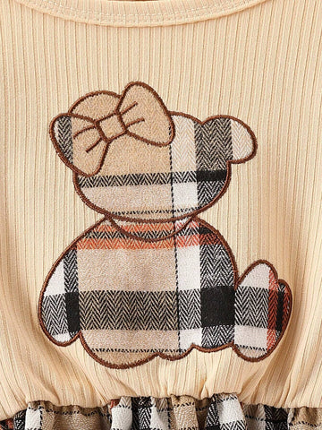 4-7Yrs Girls Long Sleeve Mini Dress, Ruffle Trim, Applique Bear & Plaid Patchwork, Cute Outfit For Little Girls In Spring/Autumn