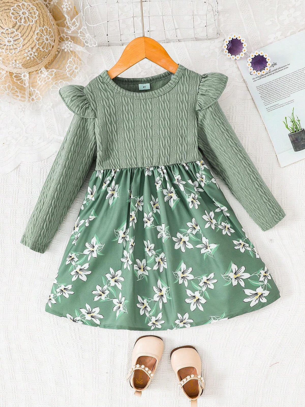 4-7 Years Girls Floral Allover Print Long Sleeve Textured Fabric Dress, Spring And Autumn