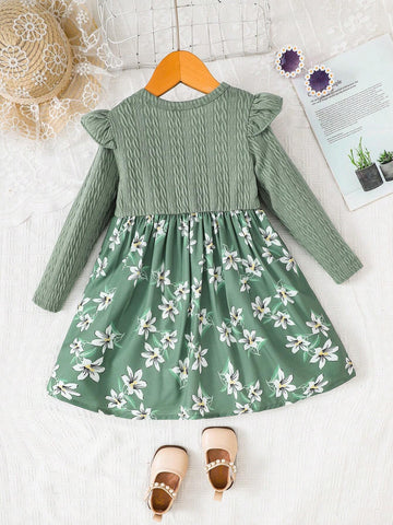 4-7 Years Girls Floral Allover Print Long Sleeve Textured Fabric Dress, Spring And Autumn