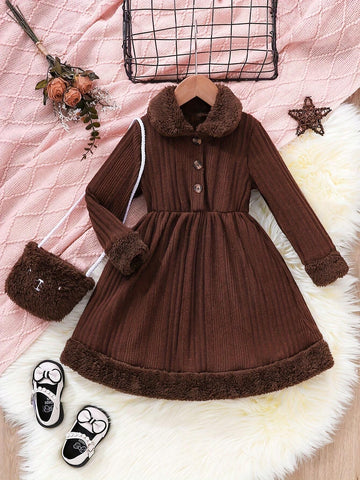 4-7 Years Girls Solid Color Collared Long Sleeve Dress + Crossbody Bag, Autumn Winter