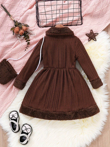 4-7 Years Girls Solid Color Collared Long Sleeve Dress + Crossbody Bag, Autumn Winter