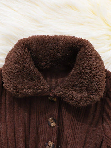 4-7 Years Girls Solid Color Collared Long Sleeve Dress + Crossbody Bag, Autumn Winter