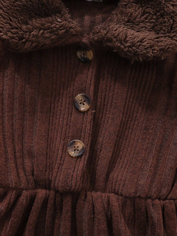 4-7 Years Girls Solid Color Collared Long Sleeve Dress + Crossbody Bag, Autumn Winter