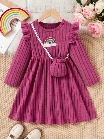 4-7 Years Old Girls Autumn/Winter Texture Soft Fabric Cap Sleeve Dress With Bow Decor, Rainbow Sequin Accent, Casual Style Daily Dress