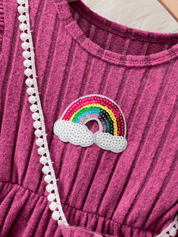 4-7 Years Old Girls Autumn/Winter Texture Soft Fabric Cap Sleeve Dress With Bow Decor, Rainbow Sequin Accent, Casual Style Daily Dress
