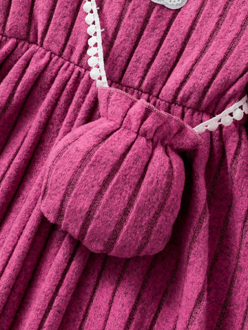 4-7 Years Old Girls Autumn/Winter Texture Soft Fabric Cap Sleeve Dress With Bow Decor, Rainbow Sequin Accent, Casual Style Daily Dress