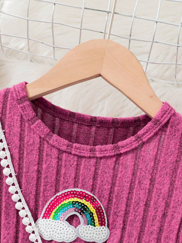 4-7 Years Old Girls Autumn/Winter Texture Soft Fabric Cap Sleeve Dress With Bow Decor, Rainbow Sequin Accent, Casual Style Daily Dress