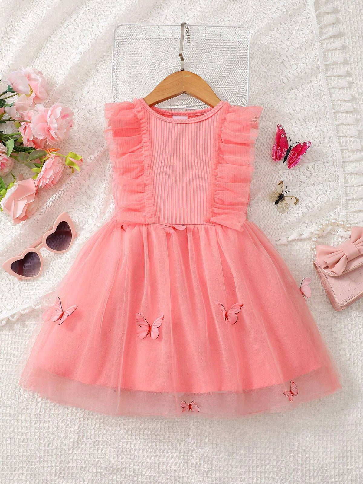 4-7 Years Old Girls' Pink & Gorgeous Mesh Spliced 3D Butterfly Princess Dress With Round Neckline, Perfect For Any Occasions