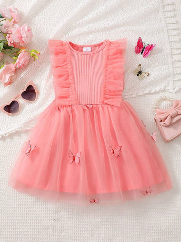 4-7 Years Old Girls' Pink & Gorgeous Mesh Spliced 3D Butterfly Princess Dress With Round Neckline, Perfect For Any Occasions