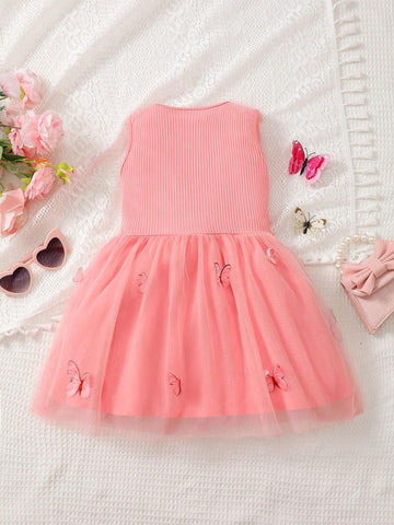 4-7 Years Old Girls' Pink & Gorgeous Mesh Spliced 3D Butterfly Princess Dress With Round Neckline, Perfect For Any Occasions