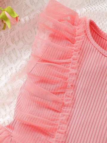 4-7 Years Old Girls' Pink & Gorgeous Mesh Spliced 3D Butterfly Princess Dress With Round Neckline, Perfect For Any Occasions