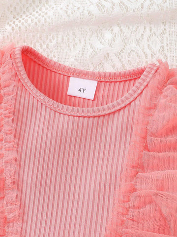 4-7 Years Old Girls' Pink & Gorgeous Mesh Spliced 3D Butterfly Princess Dress With Round Neckline, Perfect For Any Occasions