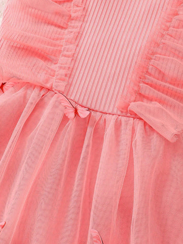 4-7 Years Old Girls' Pink & Gorgeous Mesh Spliced 3D Butterfly Princess Dress With Round Neckline, Perfect For Any Occasions