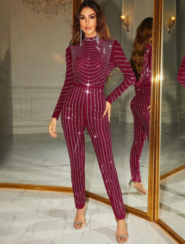 Mock Neck Rhinestone Unitard Jumpsuit
