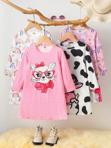 4pcs/Set Fashionable Young Girl' Cartoon Bow, Cat, Cow, Unicorn Print Long Sleeve Dress Set