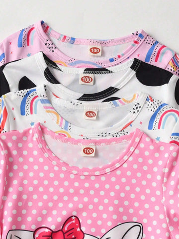4pcs/Set Fashionable Young Girl' Cartoon Bow, Cat, Cow, Unicorn Print Long Sleeve Dress Set