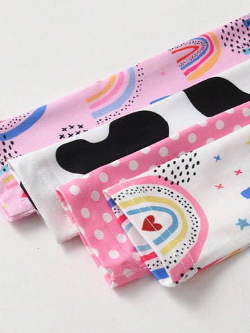 4pcs/Set Fashionable Young Girl' Cartoon Bow, Cat, Cow, Unicorn Print Long Sleeve Dress Set