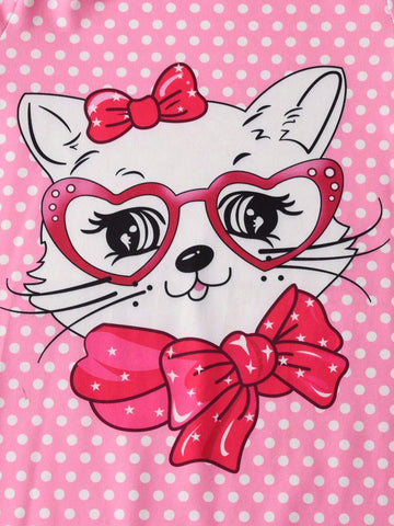 4pcs/Set Fashionable Young Girl' Cartoon Bow, Cat, Cow, Unicorn Print Long Sleeve Dress Set