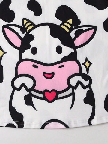 4pcs/Set Fashionable Young Girl' Cartoon Bow, Cat, Cow, Unicorn Print Long Sleeve Dress Set
