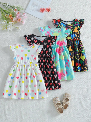 4pcs/Set Girls Casual Cute Heart Tie-Dye Digital Print Cap Sleeve Cinched Waist 4pcs Dress Set, Summer