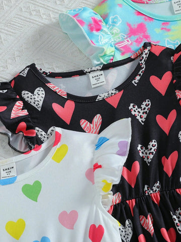4pcs/Set Girls Casual Cute Heart Tie-Dye Digital Print Cap Sleeve Cinched Waist 4pcs Dress Set, Summer