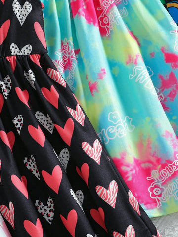 4pcs/Set Girls Casual Cute Heart Tie-Dye Digital Print Cap Sleeve Cinched Waist 4pcs Dress Set, Summer