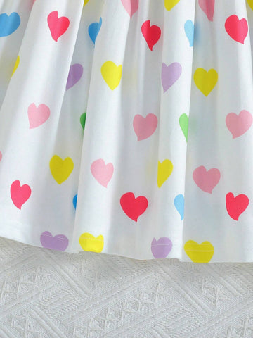 4pcs/Set Girls Casual Cute Heart Tie-Dye Digital Print Cap Sleeve Cinched Waist 4pcs Dress Set, Summer