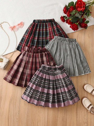 4pcs/Set Girls Plaid Pleated Mini Skirts