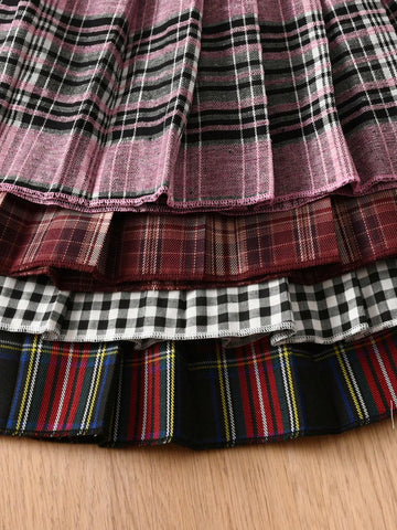 4pcs/Set Girls Plaid Pleated Mini Skirts