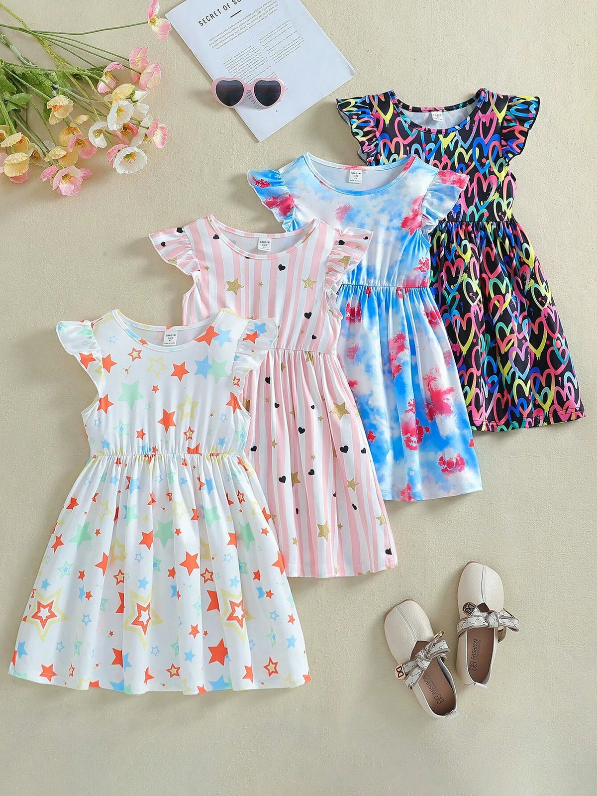 4pcs/Set Young Girl' Casual Cute Star & Heart Tie-Dye Printed Cap Sleeve Waisted Dress Set, Summer