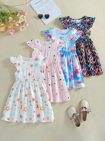 4pcs/Set Young Girl' Casual Cute Star & Heart Tie-Dye Printed Cap Sleeve Waisted Dress Set, Summer
