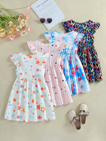 4pcs/Set Young Girl' Casual Cute Star & Heart Tie-Dye Printed Cap Sleeve Waisted Dress Set, Summer
